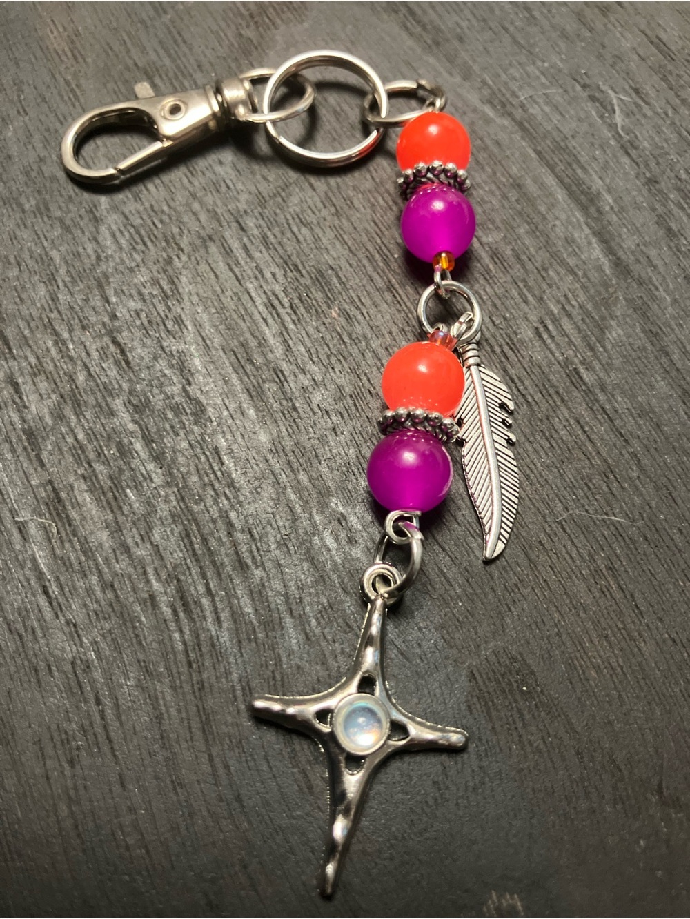 Purple,orange glass beads/silver star/feather charm/keychain